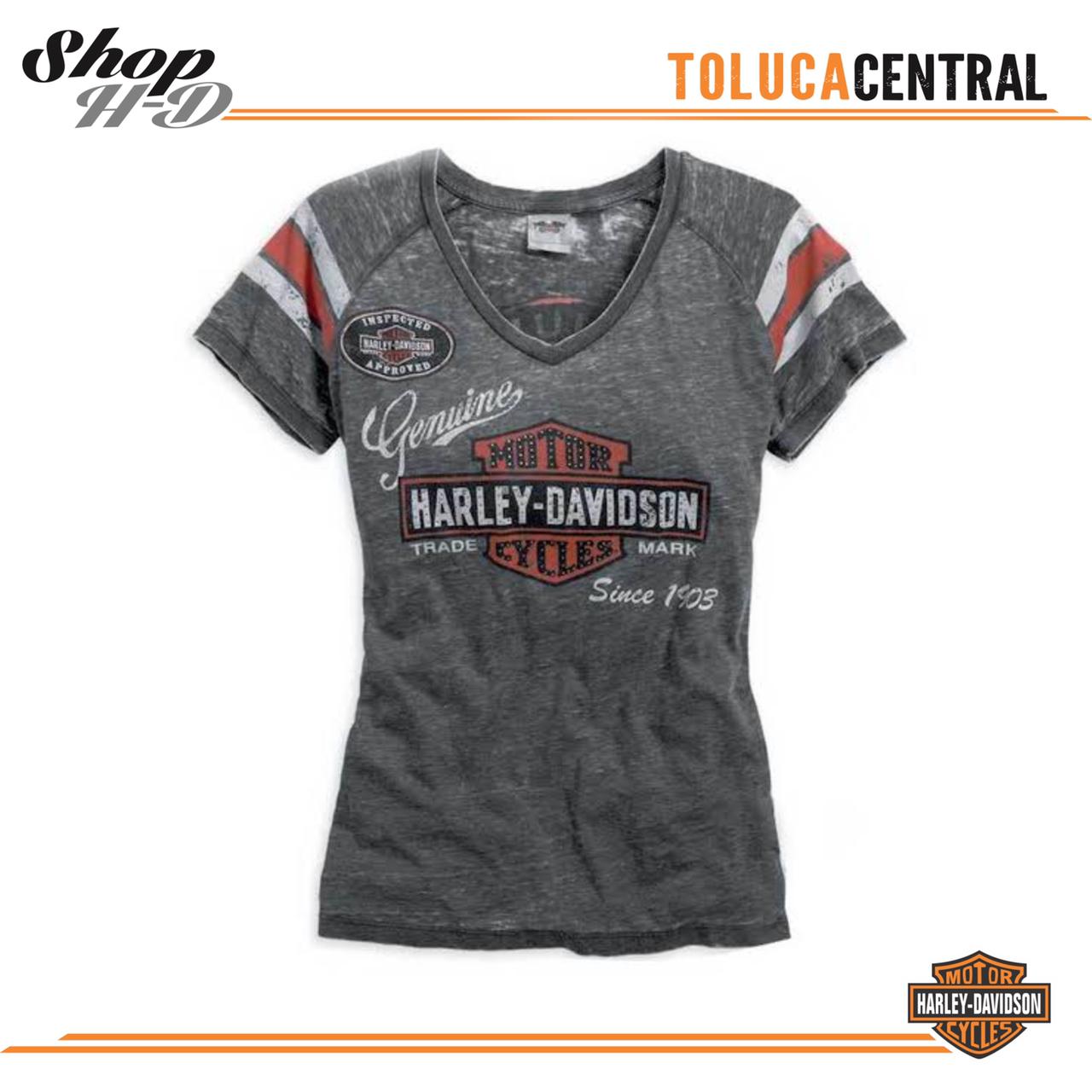 Harley-Davidson® Womens V-neck Genuine Oil Can Burnout Tee Grey Black -  Tienda oficial H-D TolucaTienda oficial H-D Toluca, image size:1280x1280