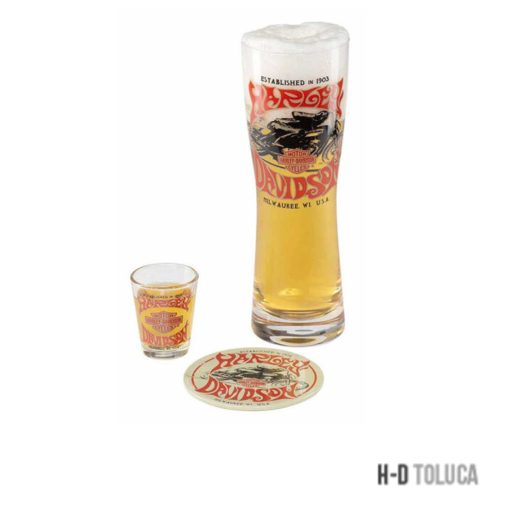 HARLEY-DAVIDSON 1970S RECER PILSNER & SHOT GLASS